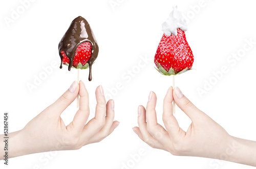 Photo: Whipped cream with tasty strawberry and hand Whipped cream with tasty strawberry and hand