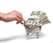 hand pushing shopping cart full of stacks of dollar bills