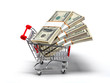 shopping cart full of stacks of dollar bills isolated on white
