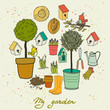 Set of hand drawn garden tools, watering can, olive tree, bird