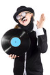 Woman with vinyl record over white background