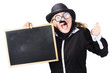 Positive woman with blackboard