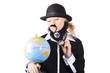 Person examining world globe on white