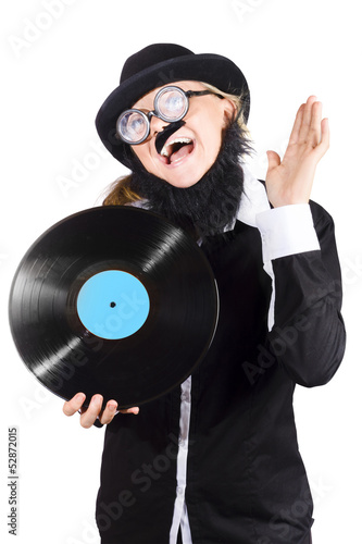 Photo: Woman with vinyl record over white background Woman with vinyl record over white background