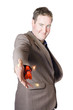 Isolated businessman offering explosive handshake