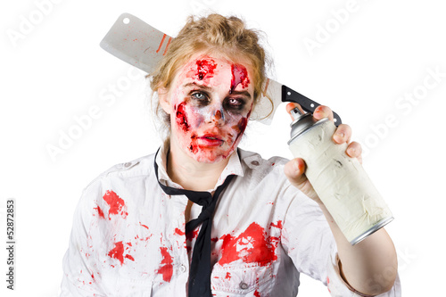 Photo: Zombie sales woman with spray can Zombie sales woman with spray can