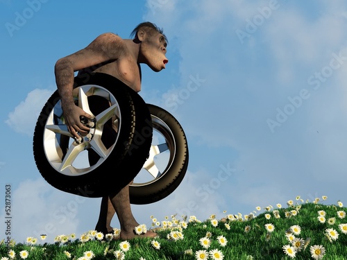 Illustration: Primitive man with wheels. Primitive man with wheels.