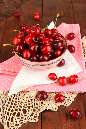Photo: Ripe red cherry berries in bowl on wooden table close-up Ripe red cherry berries in bowl on wooden table close-up