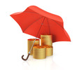 gold coins under umbrella