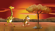 Vector: A giraffe and monkey running in a sunset scenery A giraffe and monkey running in a sunset scenery