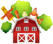 Vector: A barn with a chicken and fruits at the back A barn with a chicken and fruits at the back