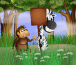 Vector: A zebra and a gorilla beside the empty wooden signboard A zebra and a gorilla beside the empty wooden signboard