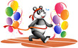 A panda running with colorful balloons