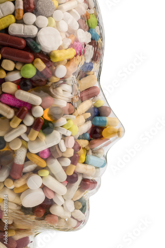 Photo: Kopf aus Glas mit Tabletten Kopf aus Glas mit Tabletten