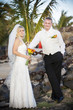 Bride and groom with palm tree in the background.