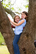 children girls playing climbing to a tree park