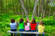 Children sister and friend girls sitting on forest park bench