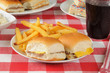 Cheeseburgers on a picnic table