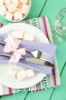 Table setting in violet and white tones