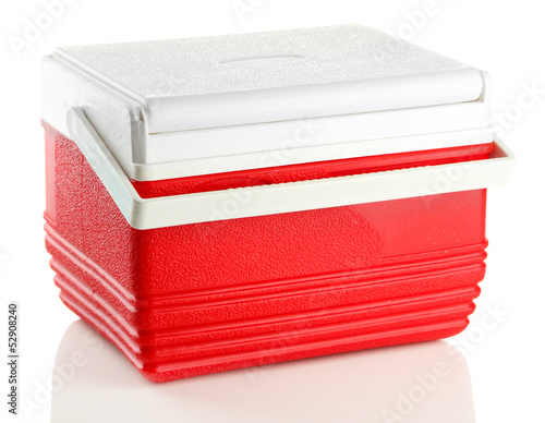 Photo: Traveling refrigerator isolated on white Traveling refrigerator isolated on white