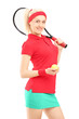 Photo: Smiling female holding a tennis racket and a ball Smiling female holding a tennis racket and a ball