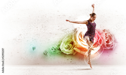 Photo: Girl in color dress dancing.Collage Girl in color dress dancing.Collage