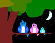 bird family with tree and moon
