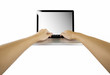 laptop with woman hand isolated on white background