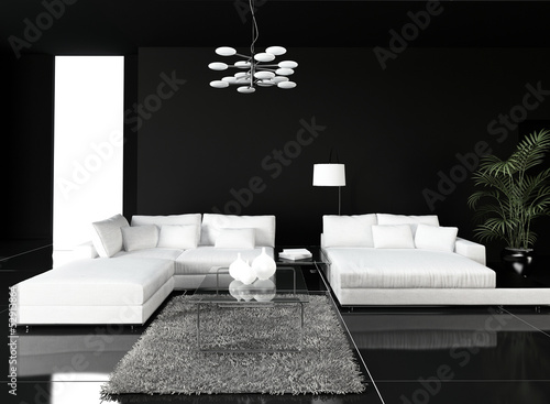 Illustration: Black Design Living Room Interior with white couch Black Design Living Room Interior with white couch