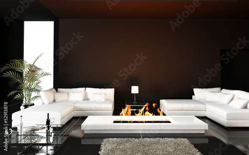 Illustration: Modern Living room with white couch and fireplace Modern Living room with white couch and fireplace