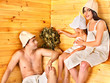 Group people in hat  at sauna.