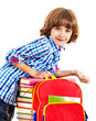 Photo: Child with stack of books. Child with stack of books.