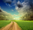 Foto : Summer landscape with green grass, road and clouds Summer landscape with green grass, road and clouds