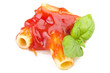 Maccaroni sauce of tomatoes and basil on white 1