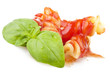 Fusilli sauce of tomatoes and basil on white