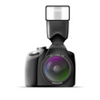 Realistic camera with external flash. Vector illustration