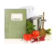 Cookbook, vegetables and casserole isolated on white