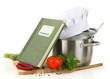 Photo: Cookbook, vegetables and casserole isolated on white Cookbook, vegetables and casserole isolated on white