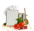 Foto: Cookbook, vegetables and casserole isolated on white Cookbook, vegetables and casserole isolated on white