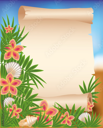 Vector: Blank paper scroll on summer tropical background, vector Blank paper scroll on summer tropical background, vector