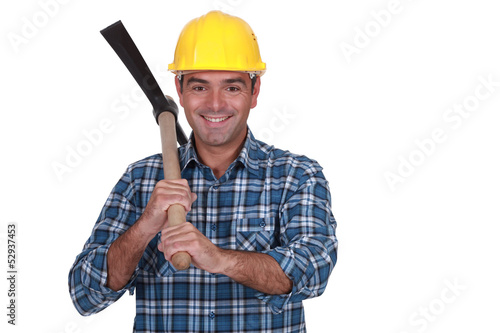 Photo: happy bricklayer holding pickaxe isolated on white happy bricklayer holding pickaxe isolated on white