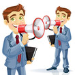 Ñute businessman speaks in megaphone isolated on white backgroun