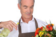 Foto: Senior man spraying water on flowers Senior man spraying water on flowers
