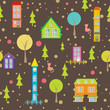 urban seamless pattern houses and trees on bright background