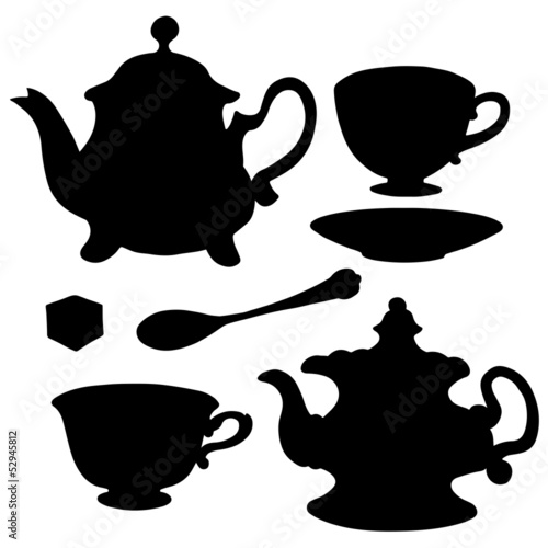 Vector: Set icon teapots, teacups, teaspoon, saucer and sugar Set icon teapots, teacups, teaspoon, saucer and sugar