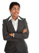 Indian businesswoman hands folded looking side.