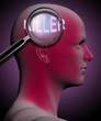 profile of a man with close up of magnifying glass on killer