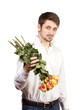 Man with bouquet of red roses.