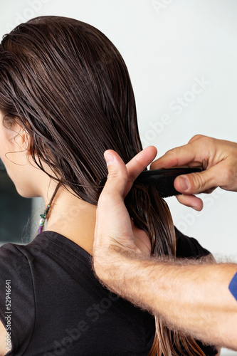 Photo: Hairdresser Combing Client's Wet Hair Hairdresser Combing Client's Wet Hair