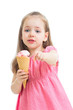 Photo: joyful child girl eating ice cream in studio isolated joyful child girl eating ice cream in studio isolated